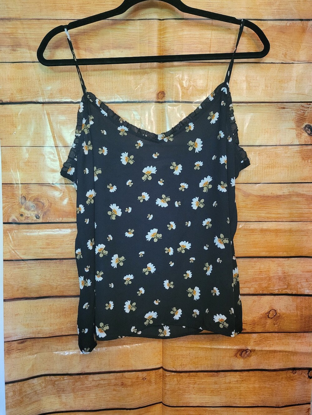 Floral Spaghetti Strap Cami Top - Black with White Daisy Print LP